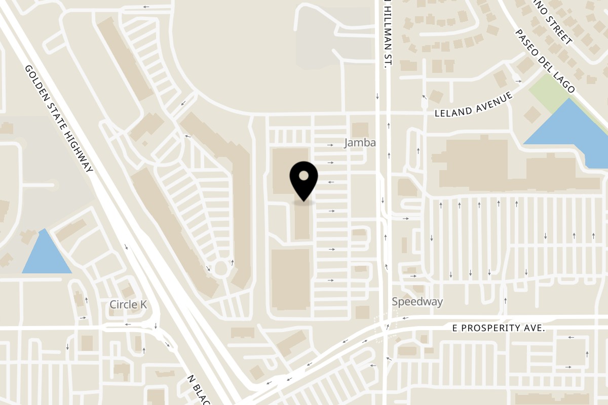 Map showing the location of Indo-American Cuisine on 1565 Hillman St in Tulare
